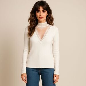 Andrea Bogosian Top White Lacy Spliced V Neck Fitted Knit NWT Size L